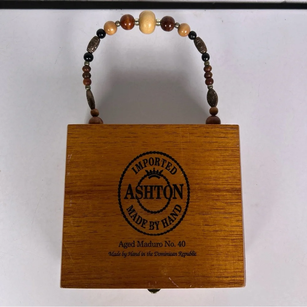 Women’s Wooden Cigar Box Purse Beaded Handle Fabric Monkey Print - Picture 7 of 10